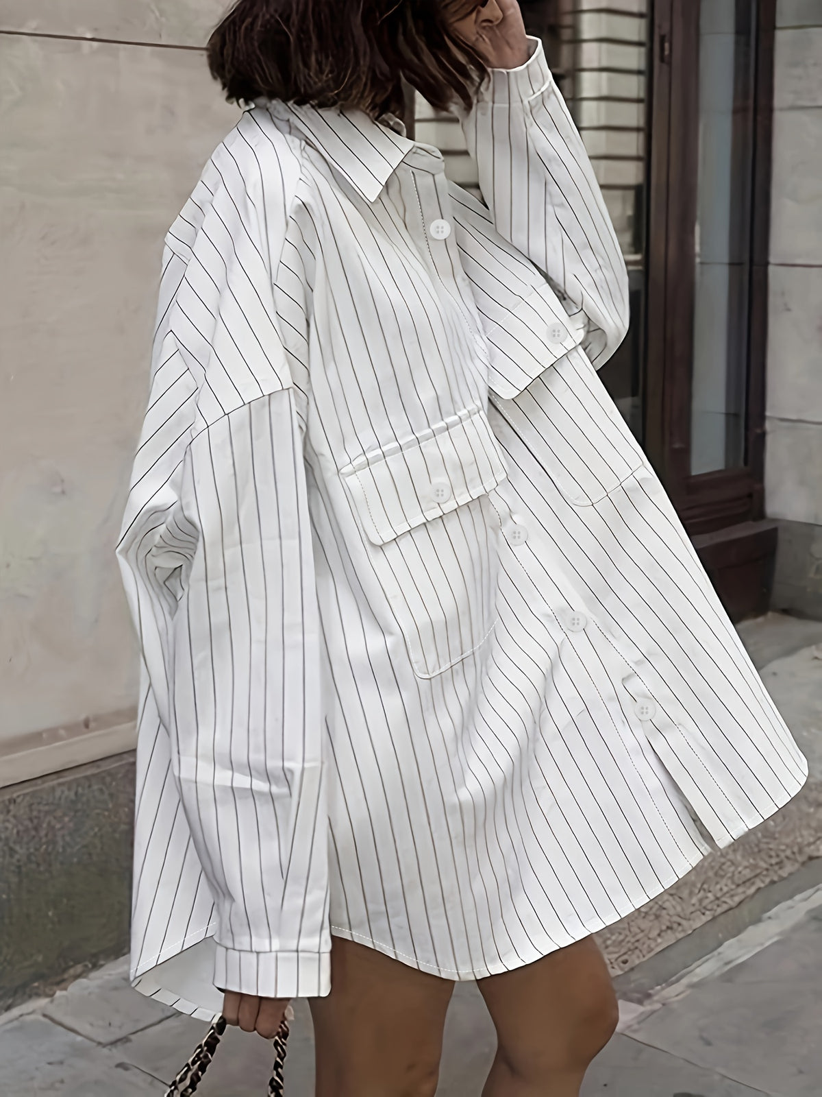 Women'S Shirt, Oversized Loose Casual Pocket Long Sleeve Shirt, Casual Wear - White