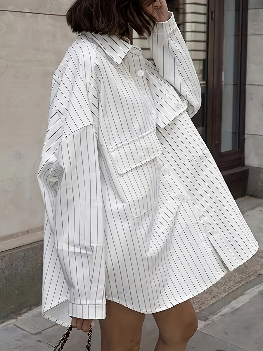 Women'S Shirt, Oversized Loose Casual Pocket Long Sleeve Shirt, Casual Wear - White