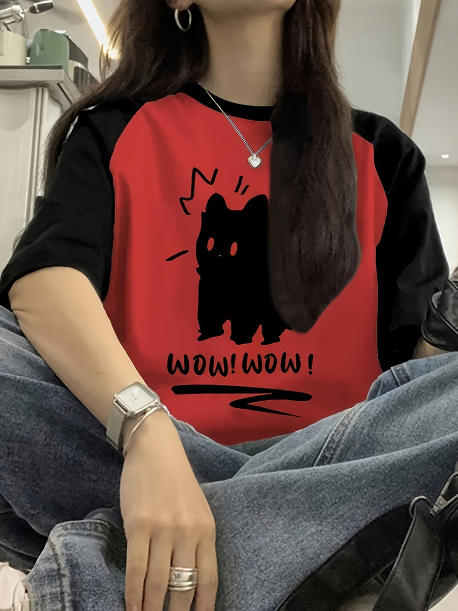 Comfortable And Stretchy T-Shirt, Casual Style, Fabric, Mid-Length Style, Suitable for All Seasons, Y2K Style Raglan Sleeve Round Neck Top with Cute Cat Pattern And Letter Print - 【Red】
