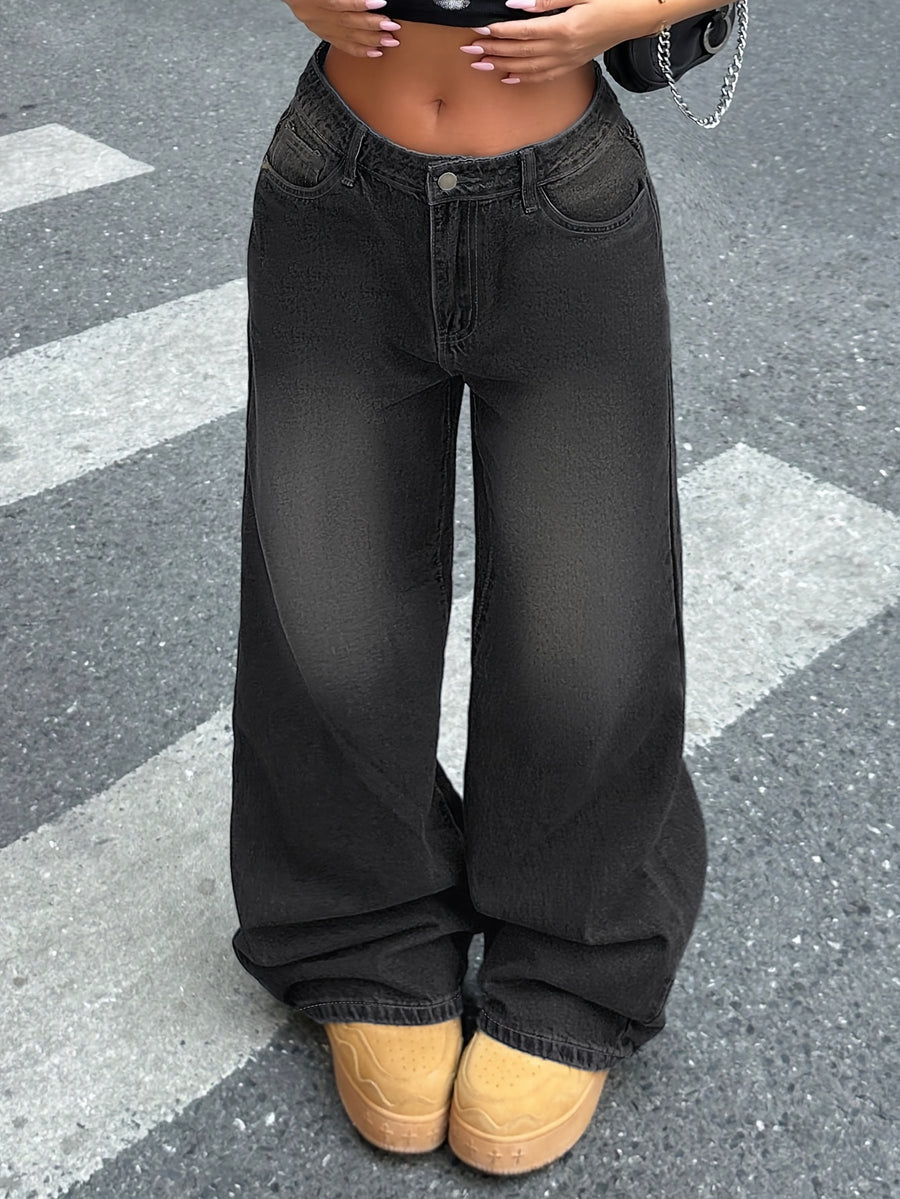 American Retro Black Gray Wide Leg Jeans, Mid-Rise Loose Straight Leg Denim Pants, Vintage Streetwear Trousers - Dark Gray