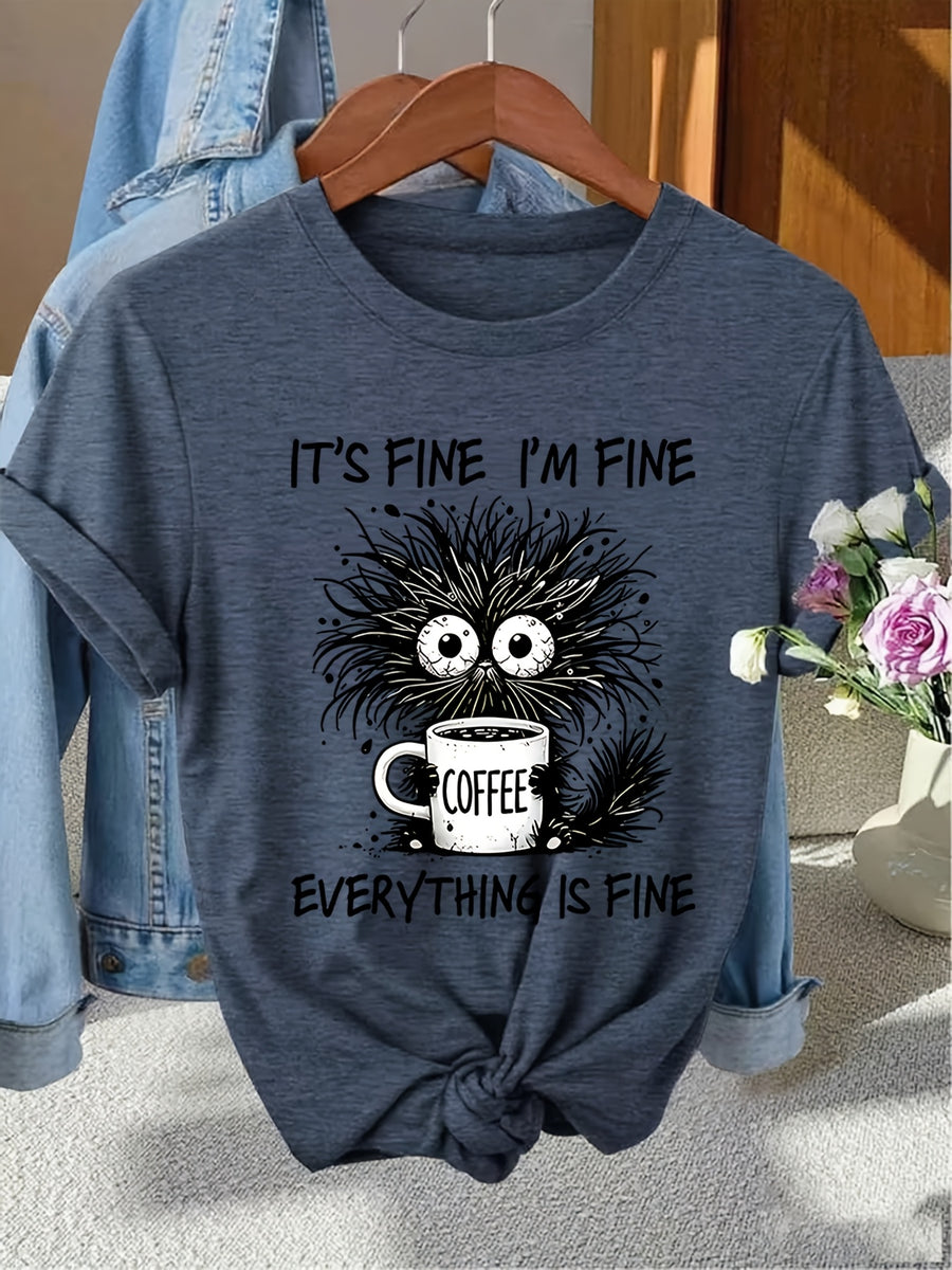 Women'S Funny Black Cat Coffee Lover Graphic T-Shirt - Soft Breathable Tee with "It'S Fine I'M Fine" Slogan, Casual Short Sleeve Round Neck Top for Casual Attire, Cat Tshirt, Comfortable Fit Shirt, Weekend Attire, Playful Design, Quality Print - Royal Blue