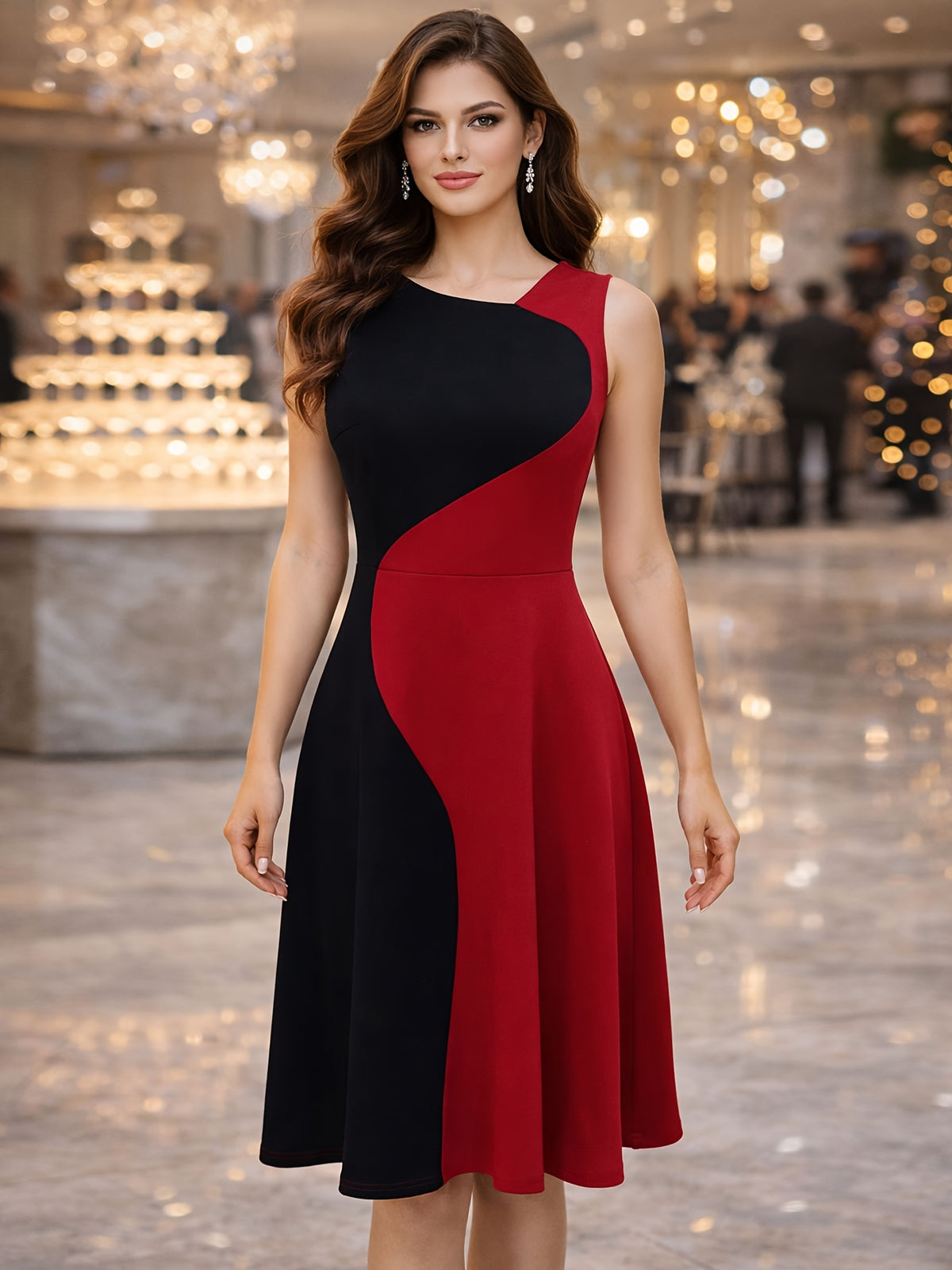 Summer Fashion Ladies Red And Black Color Blocking Spliced Sleeveless A-Line Skirt Waist-Cinching Mid-Length Dress, Slim And Elegant, Suitable for Formal Occasions Such As Banquets And Parties - Red