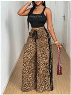 Machine-washable Women's Leopard Print and Striped Print Wide-leg Pants for Spring and Autumn, Fashionable and Sexy Straight-leg Loose-fitting Trousers - Mixed colors