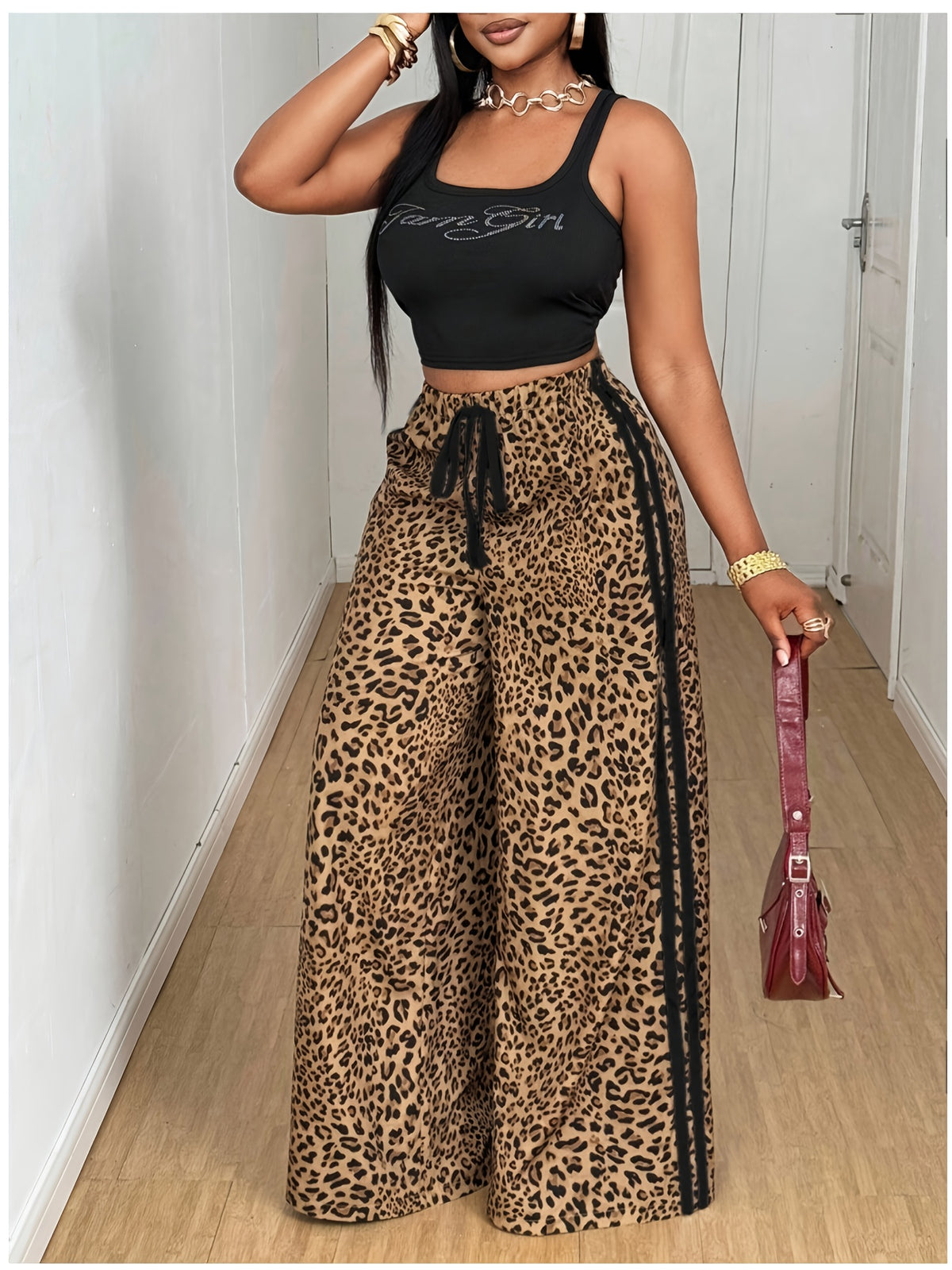 Machine-washable Women's Leopard Print and Striped Print Wide-leg Pants for Spring and Autumn, Fashionable and Sexy Straight-leg Loose-fitting Trousers - Mixed colors