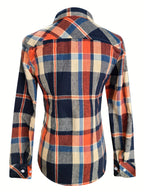 Women's Long Sleeve Shirt - Sexy Vintage Slim Fit Plaid, Suitable for Daily Wear, Women's Clothing, with Pockets, Button-Up - orange yellow