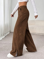 Elegant Solid Velvet Side-Slit Straight Long Trousers - Brown
