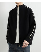 [Wading Whale OBM] Spring/Autumn New Men'S Knit Cardigan, Old Money Style Color-Block Striped Zipper Front Stand Collar Cardigan for Men, Business Casual Fashion Knitwear, Suitable for Spring, Autumn, Winter Layering Or Outerwear, Fits Daily Casual - Black
