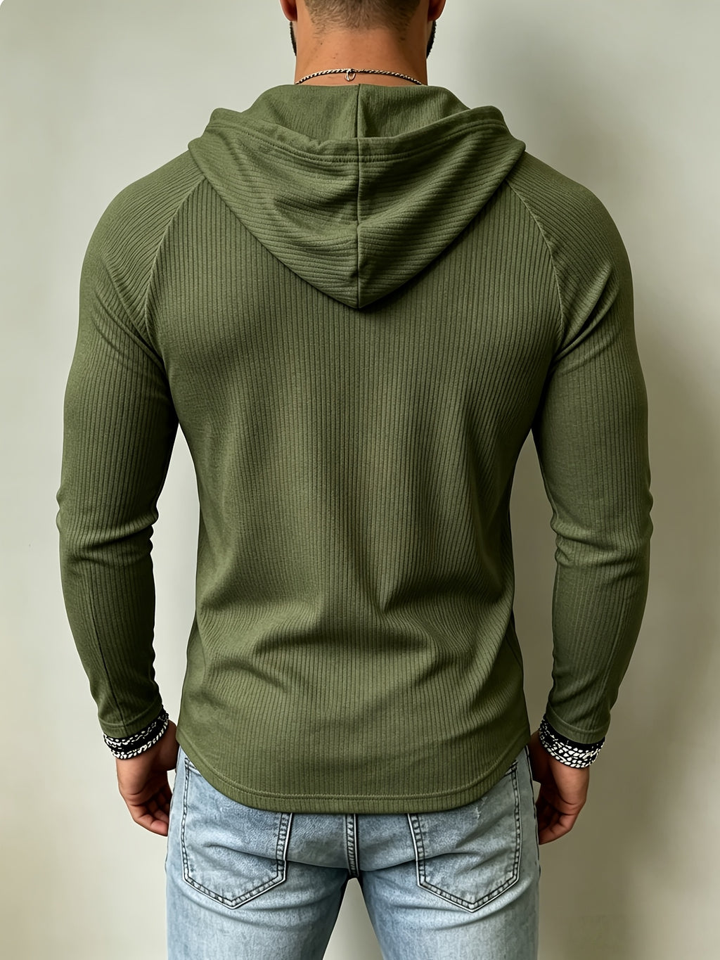 European and American Style Men's Houndstooth Hooded Long Sleeve T-Shirt with Criss-Cross Lace-Up Deep V, Solid Color Stretchy Body-Hugging Sport Hoodie, Versatile Everyday Pullover - Tactical Green