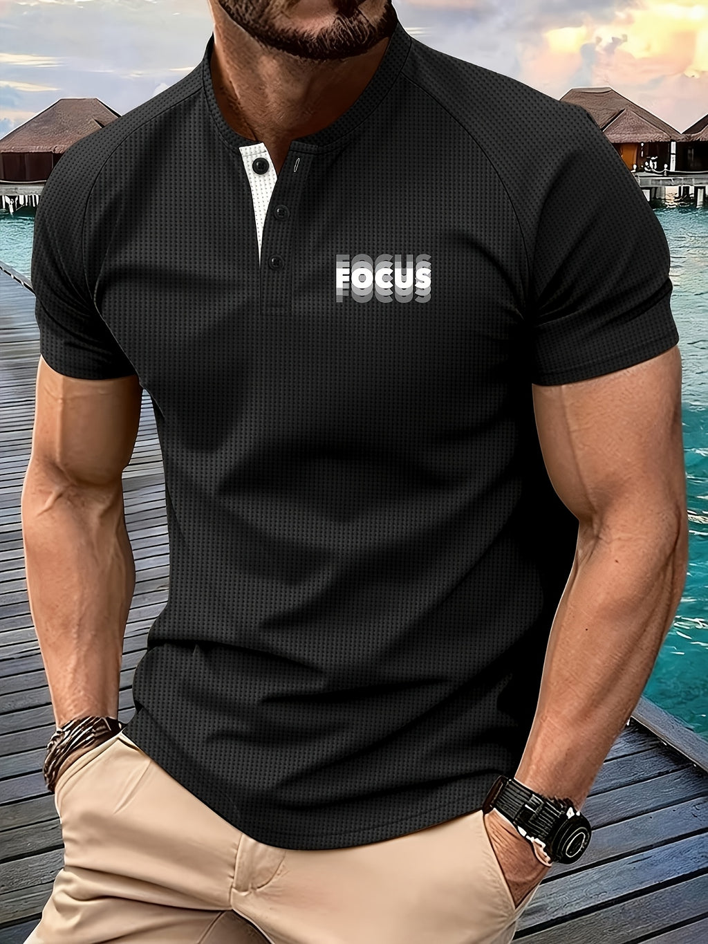 Men's Summer Collarless Casual Henley Shirt. Comfortable, Soft, and Breathable Fitness Business Fashion Polo Shirt - Black