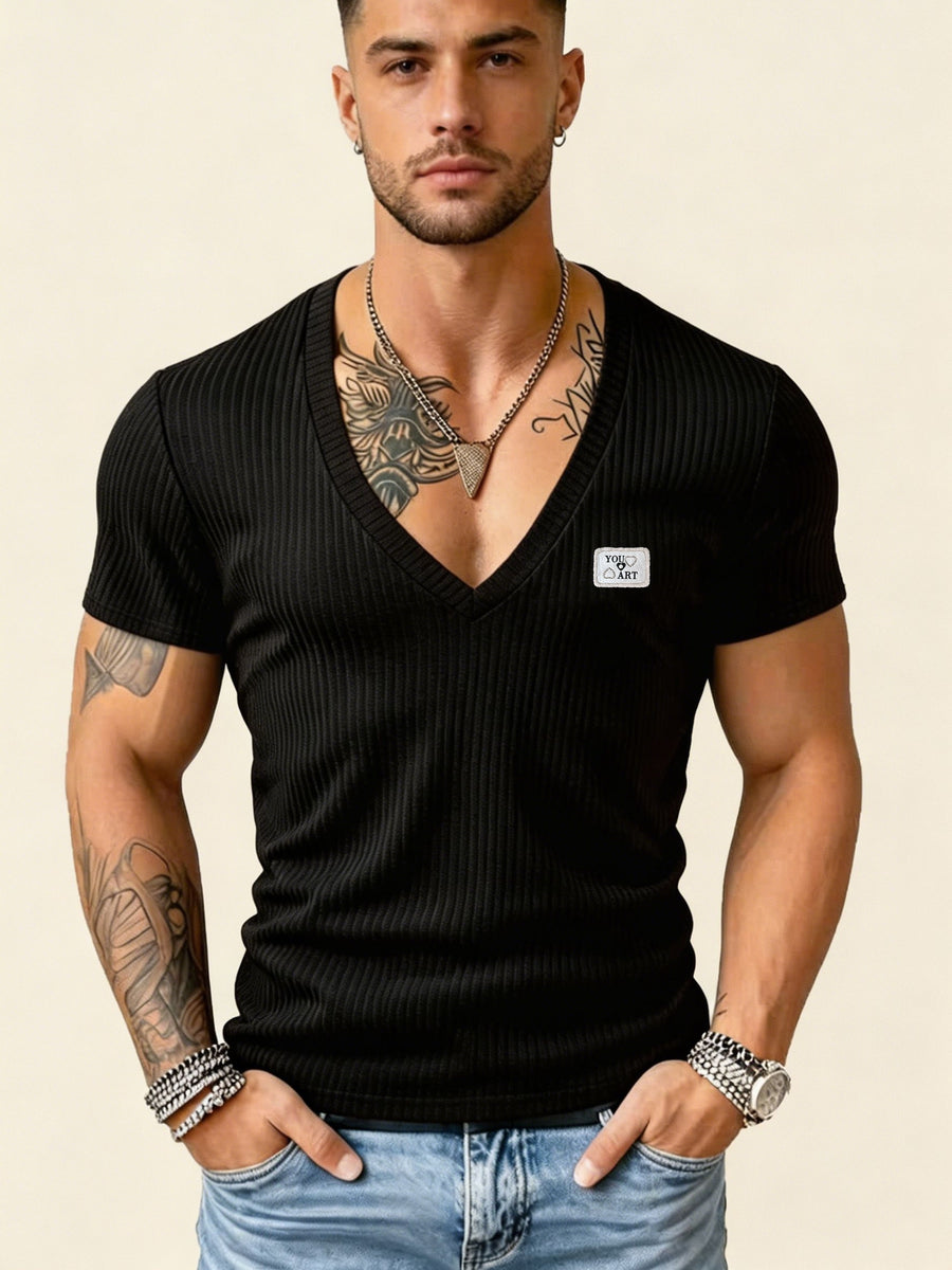 Versatile Vertical Stripe Short-Sleeve T-Shirt for Men, Deep V-Neck Textured Slim Fit Top for Commuting and Fitness - Black 4