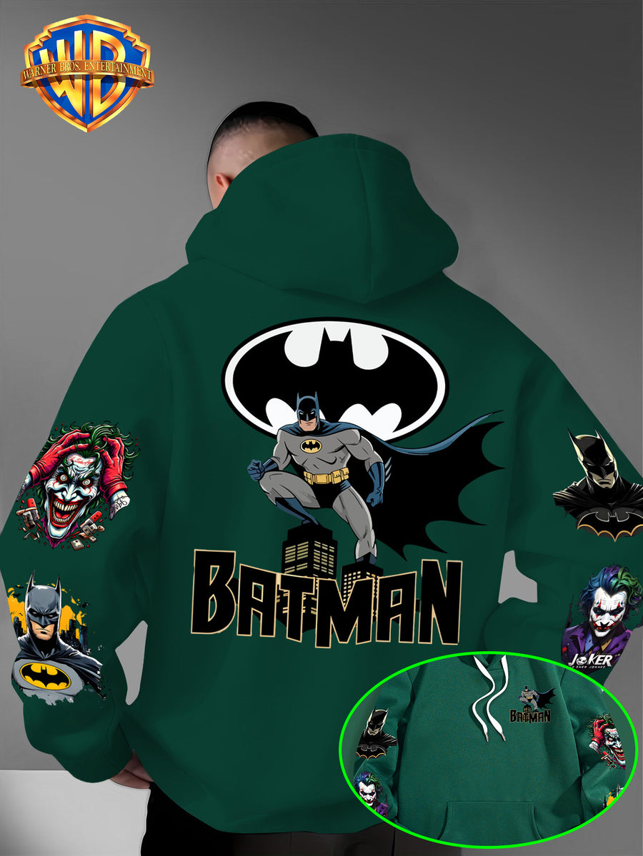 DC Batman Joker IP Official Hooded Sweatshirt with Gotham Crouching Batman on the Back + Bat Logo Themed Print, Drawstring Loose Hoodie, Wear-Resistant and Wash-Resistant Autumn/Winter Trendy Top - Green