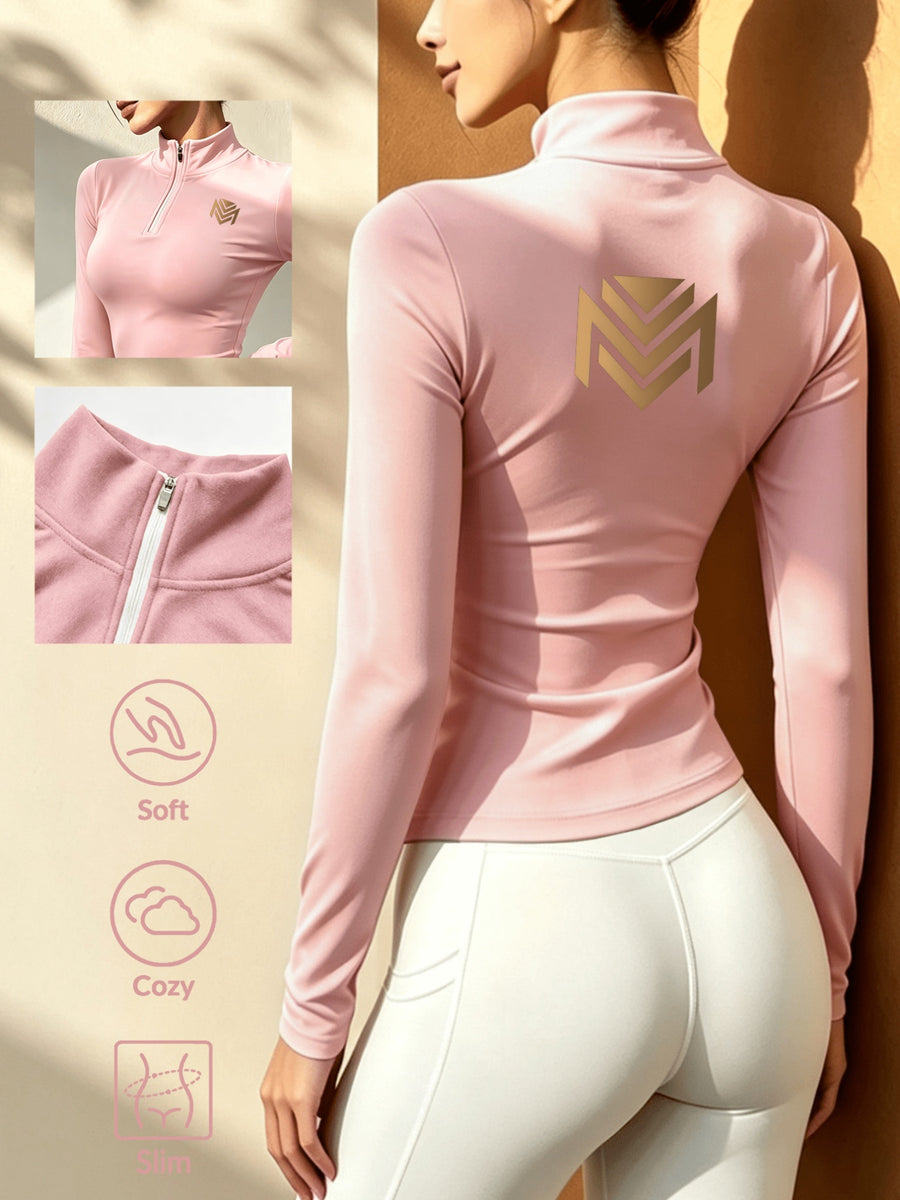 Women's Solid Color Half-Zip Long Sleeve Top, Waist-Cinching Thermal T-Shirt - pink