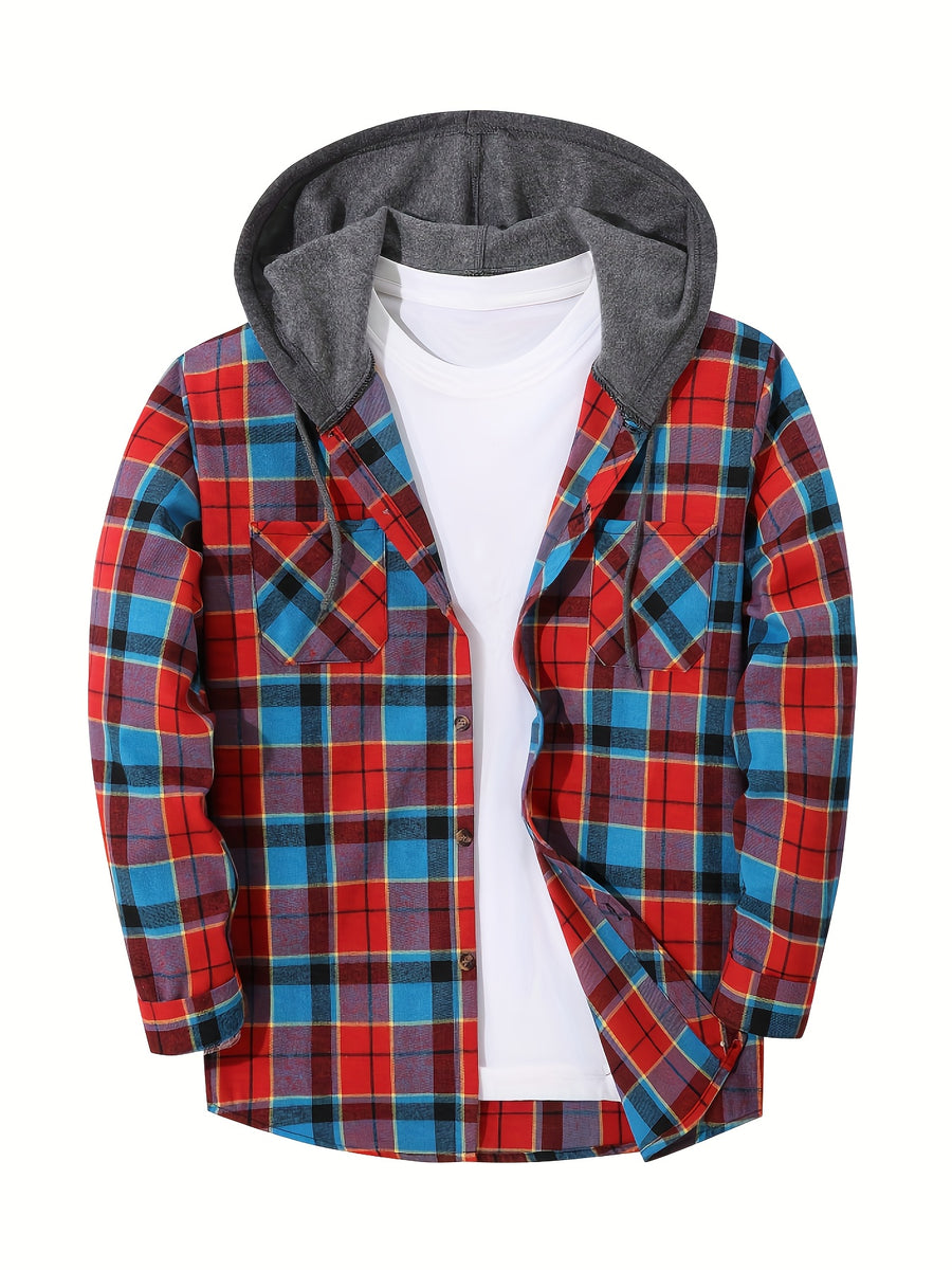 Men'S Plaid Hooded Sweatshirt Flannel Shirt Jacket Long Sleeve Casual Fashion Button-Up Shirt - Red-blue-black