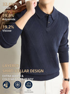 Men's Grey Polo Sweater, Faux 2pcs Shirt-Collar Design, V-Neck & Subtle Diamond Knit Pattern, Classic Refined Style, Warm Autumn Winter Pullover for Casual Wear, Golf & Outdoor Activities - Navy
