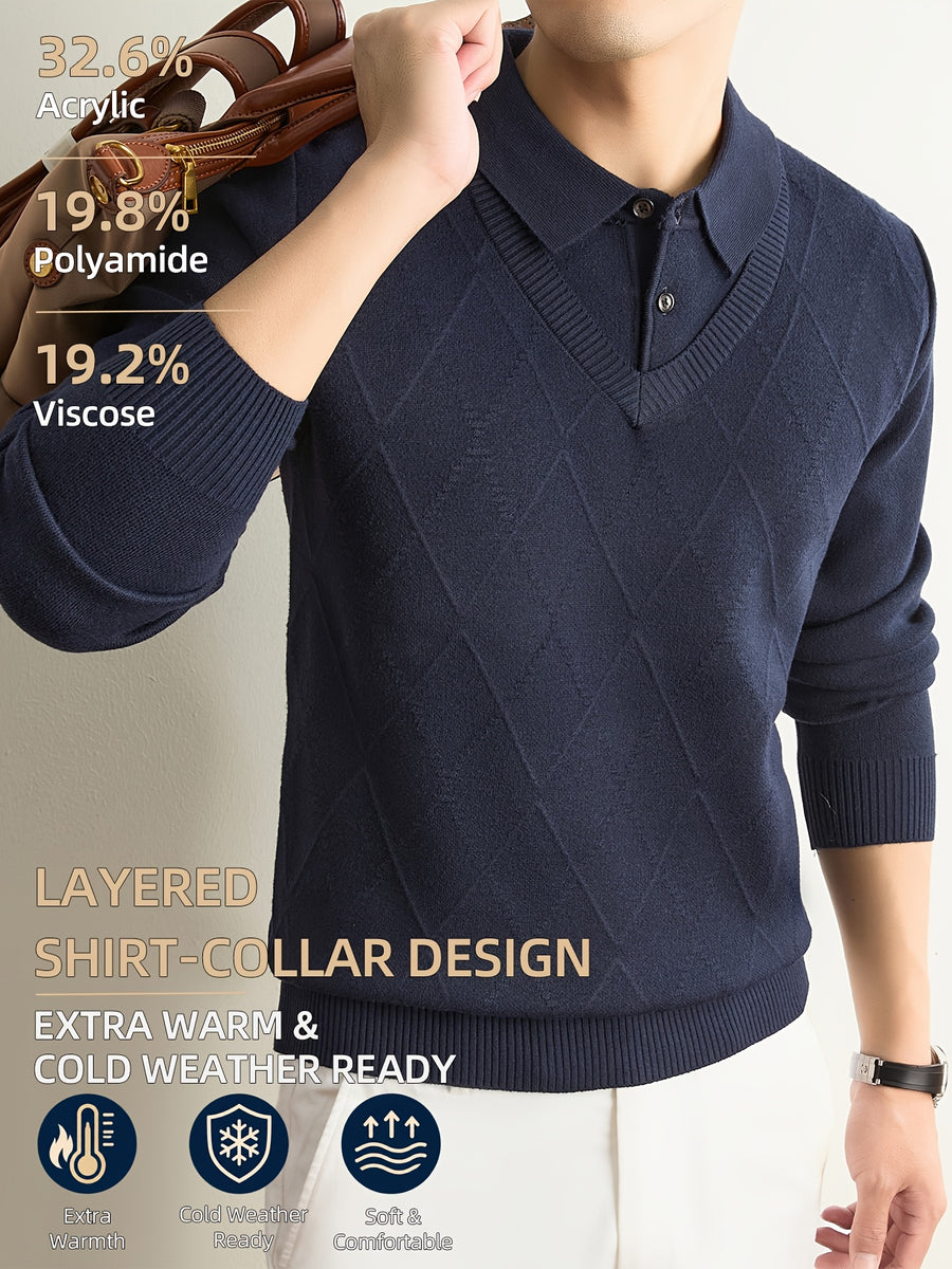 Men's Grey Polo Sweater, Faux 2pcs Shirt-Collar Design, V-Neck & Subtle Diamond Knit Pattern, Classic Refined Style, Warm Autumn Winter Pullover for Casual Wear, Golf & Outdoor Activities - Navy