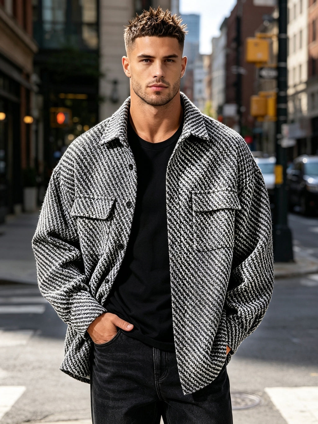 Men's Retro Black and White Twill Coat Three-dimensional Woven Texture Double Cargo Pockets for Practical Storage Loose Wide Fit to Hide Flesh Suitable for Autumn and Winter Layering Commuter Casual Tweed Style Top - Black