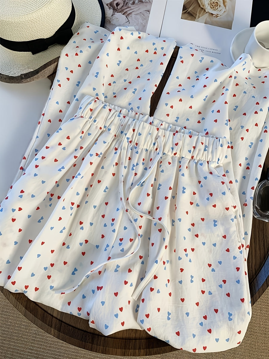 High-Waisted Loose Long Pants with Double-Color Heart Print - Mixed colors