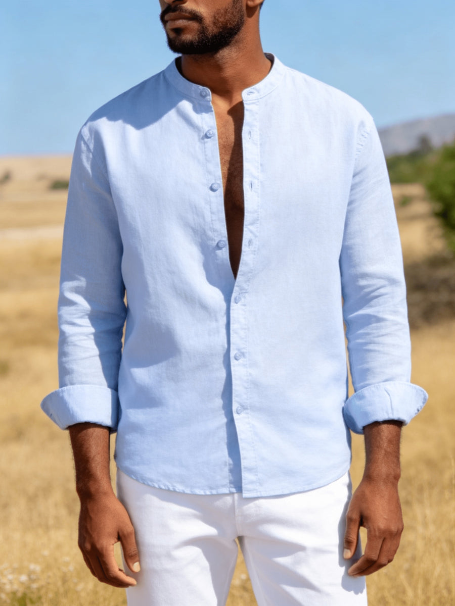 26-Year-Old Men'S New Small Stand-Up Collar Long-Sleeve Shirt, Classic Solid Colors And Multi-Colors Available. Soft, Breathable, Loose Fit for Men, Versatile Shirt for Daily Leisure - Sky Blue