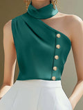 Women'S Retro Elegant Style Asymmetrical Off-Shoulder Neckline Fashion Vest, Asymmetrical Design with Golden Buckle Decoration, Suitable for Art Exhibitions, High-End Socializing, Holiday Parties, Halloween, Christmas, Casual Outings, Travel - Green