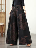 Flower Print Elastic Waistband Drawstring Women'S Denim Wide Leg Pants for Spring And Autumn New Styles, Loose High Waisted And Large Leg Casual Versatile Denim Trousers - Black