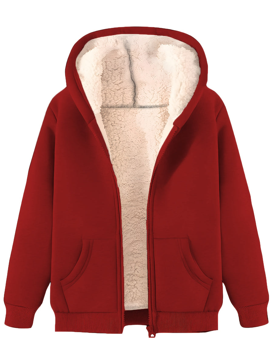 [Autumn Winter] Women'S Autumn Winter New Casual Warm Winter Fleece Hooded Sweatshirt Jacket - Red
