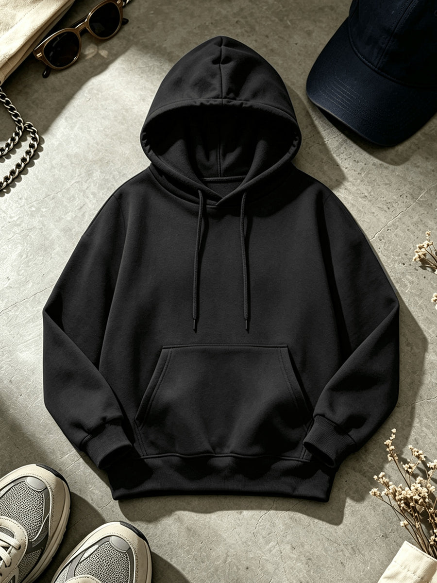 Men's Casual Solid Color Hooded Sweatshirt - Adjustable Drawstring Hood + Front Kangaroo Pocket, Machine Washable Wrinkle-Resistant Fabric, Suitable for Casual Wear and Light Sports, Comfortable Long-Sleeve Hooded Top for Daily Commutes and Outings - Black