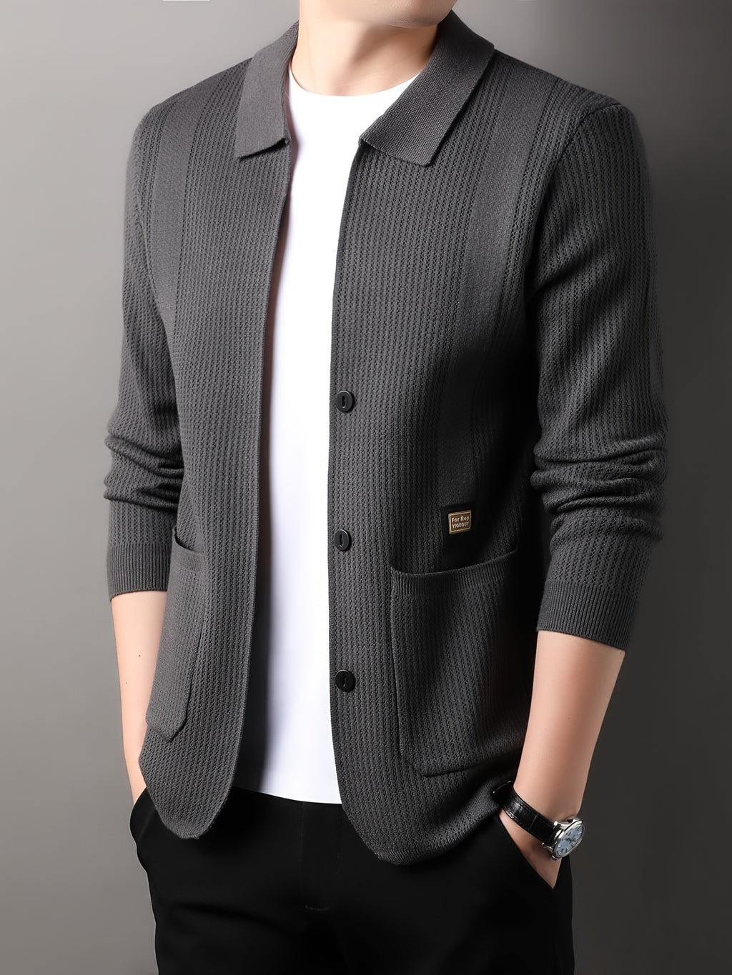 Du Jing Lan OBM Spring/Summer New Arrival Men's Knitted Cardigan, Old Money Style Solid Color Lapel Long Sleeve Open Front Knit Cardigan, Men's Business Casual Fashion Single-Breasted Ribbed Sweater Jacket with Side Pockets, Suitable for Layering - Dark Gray