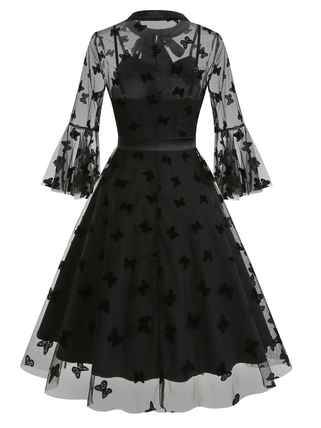 Vintage Mesh Embroidered Patchwork Mid-Sleeve Gothic Dark Evening Gown, for Gatherings, Parties, Dress, Evening Dress, Gown - Black Butterfly