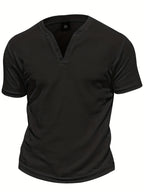 Pearson OBM Men's Henley Short Sleeve T-Shirt - Breathable Waffle Knit Summer Casual Tee with Button Front, Solid Color Round Neck, Machine Washable for Outdoor & Casual Attire, Stylish Button Detail, Lightweight Fabric, Easycare Material - Black