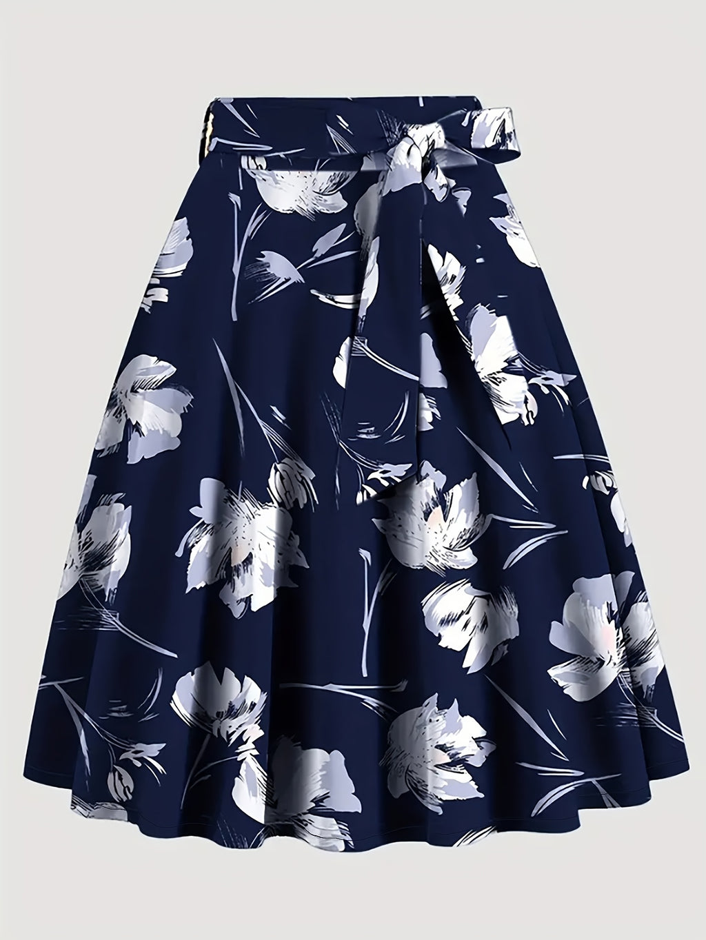 Elegant Special Floral Print High-Waisted Skirt Dress with Tie Waist  - Short Spring Summer Dress, Machine Washable, Wedding Guest, Party & Semi-Formal Attire - Navy Color