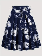 Elegant Special Floral Print High-Waisted Skirt Dress with Tie Waist  - Short Spring Summer Dress, Machine Washable, Wedding Guest, Party & Semi-Formal Attire - Navy Color