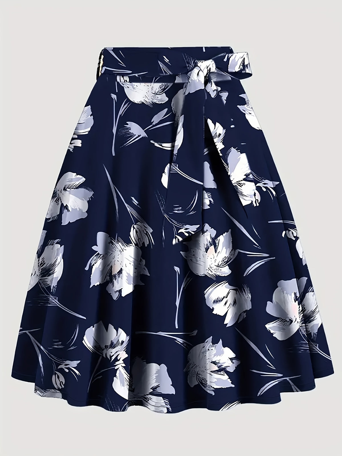 Elegant Special Floral Print High-Waisted Skirt Dress with Tie Waist  - Short Spring Summer Dress, Machine Washable, Wedding Guest, Party & Semi-Formal Attire - Navy Color