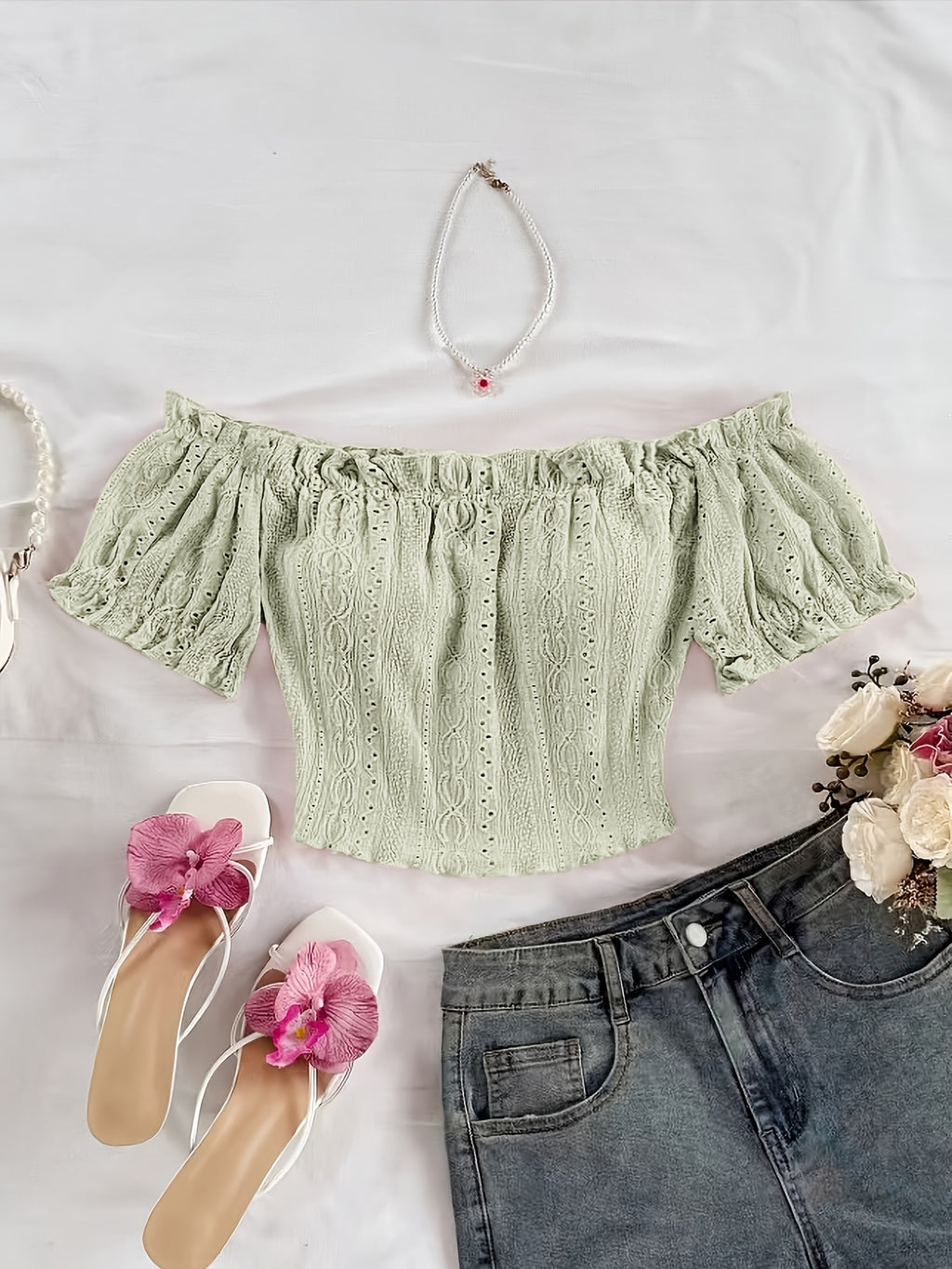 Women'S Bohemian Style Romantic Floral Vacation Style Floral Pattern Crop Off-Shoulder Top, Suitable for Daily Vacation Wear - Gray Green