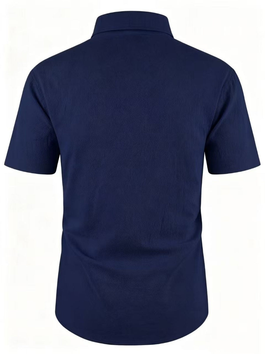 Men'S Summer Casual Short Sleeve Shirt, Outdoor Leisure Sports Print Lapel Comfortable Short Sleeve - Navy Color