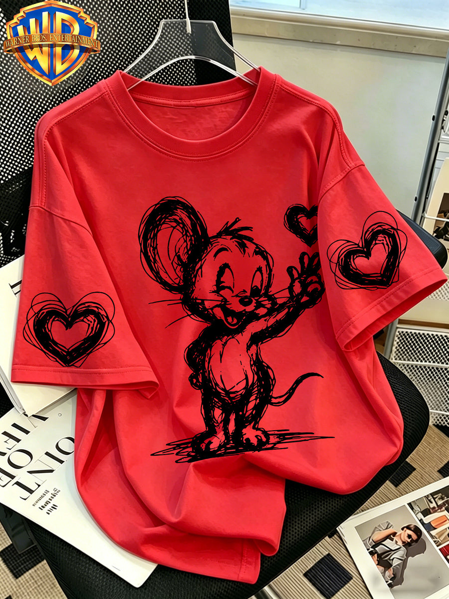 Warner Bros. Official - Minimalist Anime-style T-shirt Featuring a Hand-drawn 'finger Heart' Sketch; Men's 100%, Comfortable, Versatile, and Loose-fitting Short-sleeve Summer Tee-suitable for Outdoor Activities and Casual Attire. - Red
