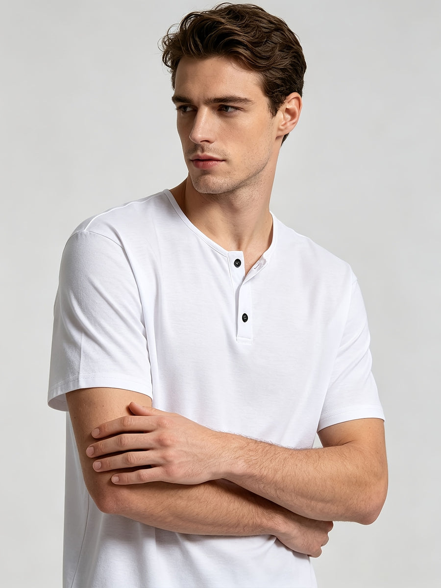 Short Sleeve T-Shirt Henley Collar Half-Open Round Neck Summer New Round Neck Solid Color Men'S Thin Top Athletic Short Sleeve Men'S Loose Plus Size Fitness Slim T-Shirt Henley Button-Up Collar Base Layer Training Trendy - White