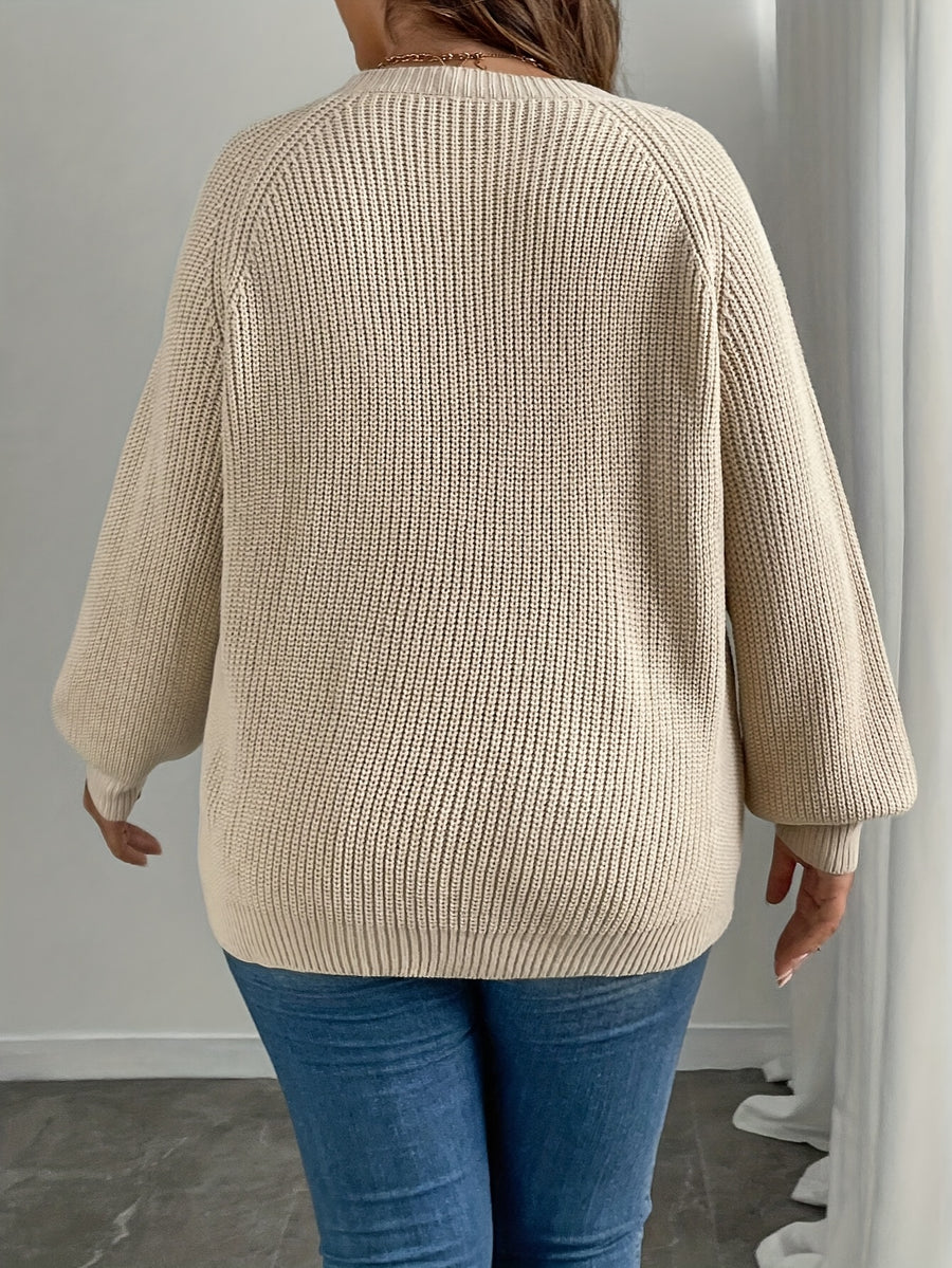 Elegant Long Sleeve Autumn/Winter Sweater with Butterfly Pattern | Crew Neck, Solid Color - Khaki