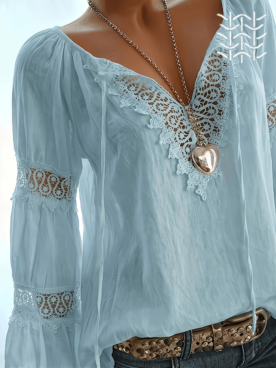 Women'S Spring Summer Retro Lace Patchwork V-Neck Lightweight Comfortable Cute Top, Elegant Comfortable Loose Casual Commute Dress Shirt - Light Blue