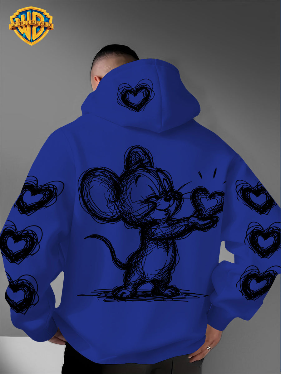 Warner Bros. Officially Licensed Men's Hoodie, Featuring Retro-style Cartoon Character Heart-shaped Pattern Design, Hand-drawn Sketch Art Print, Suitable for Casual Streetwear, Ideal for Daily Wear, for Travel or Weekend Outings - Blue