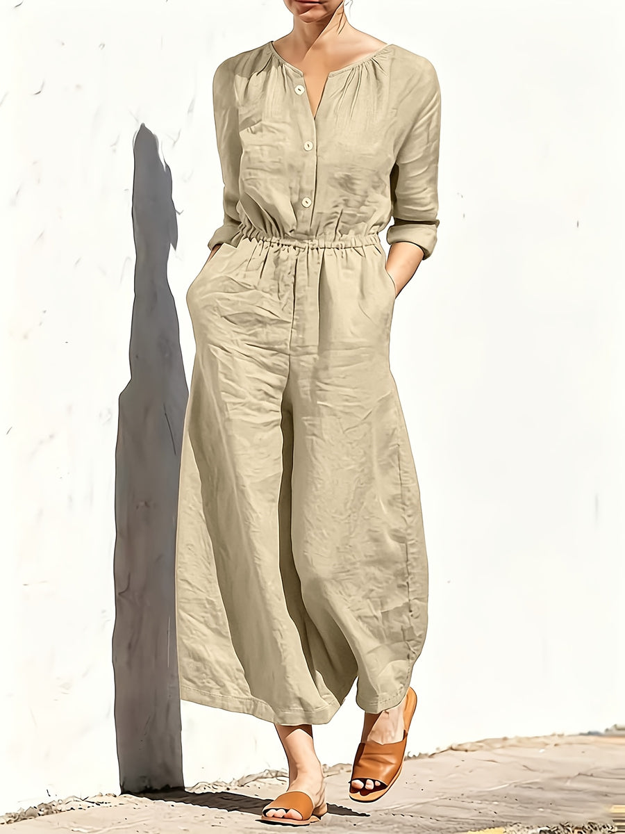 Summer New Fashion Casual Double Pocket Women's Jumpsuit with Button Detail for Vacation - Apricot