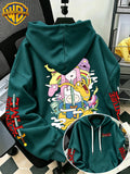 [Warner Bros] Licensed Men'S New Trendy Hoodie, Adventure Cartoon All- Battle Pattern Print, Casual Pullover Sweatshirt, Everyday Drawstring Loose Top, Machine Washable Versatile Sport Casual Men'S Top - Green