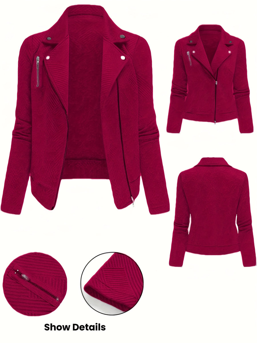 Women's New Solid Color Maze Grid Zipper Button Decorated Biker Jacket, a Stylish and Elegant Commuting, Outing, and Daily Wear Casual Jacket Top, Suitable for Autumn and Winter Seasons - Rose Red