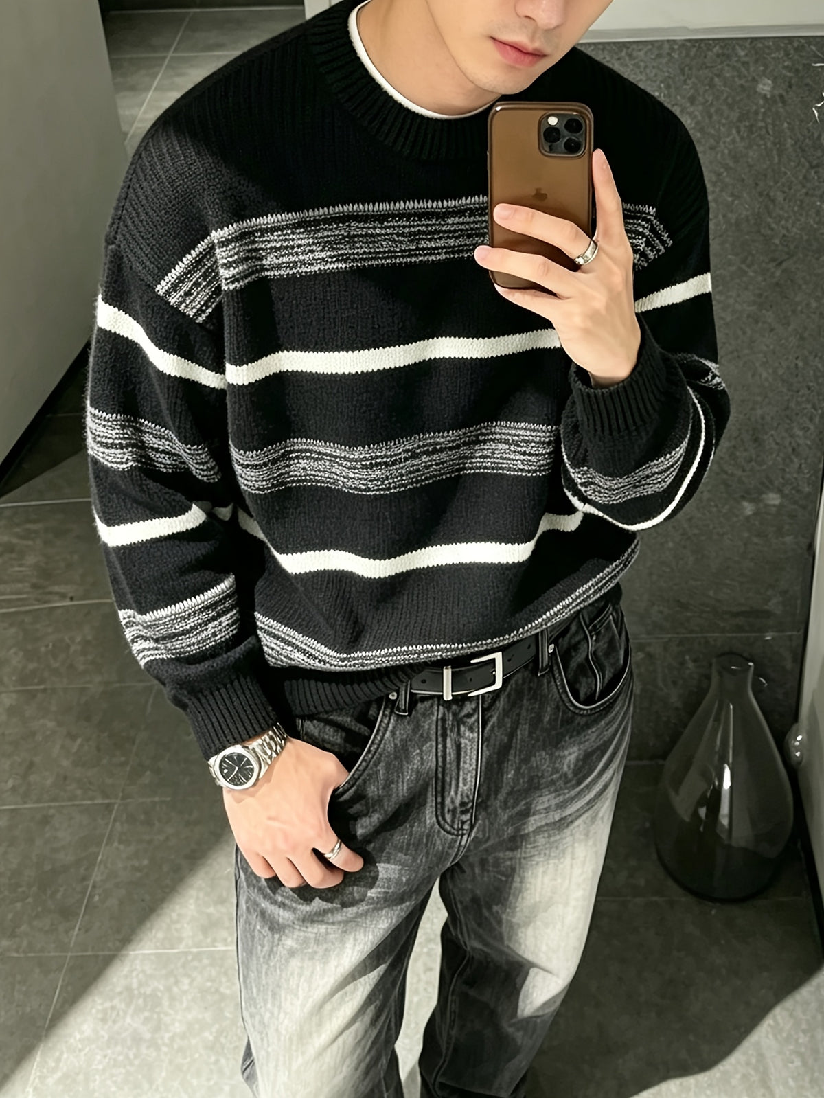 Unisex Loose-Fit Casual Streetwear Knit Pullover with Simple Striped Crew Neck, Suitable for Daily Wear in Spring, Autumn, and Winter Winter Clothes for Men - Black