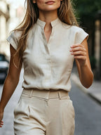 Stand-Up Collar Sleeveless Shirt Women'S Summer Commute V-Neck Top Temperament Office Blouse Women'S Summer Clothing - Apricot
