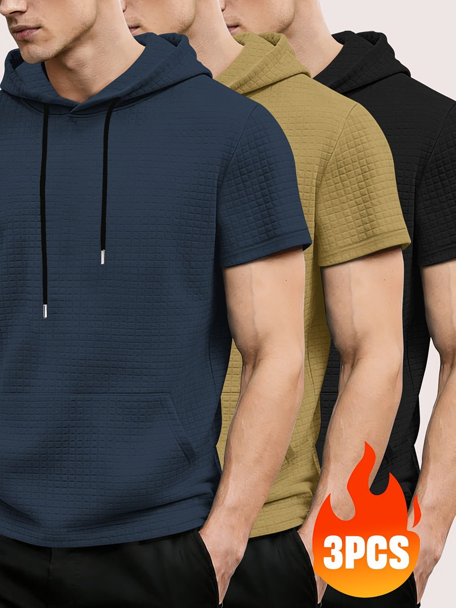 3pcs Men's Waffle Knit Short Sleeve Hoodie with Kangaroo Pocket, Soft and Breathable Fabric, Multiple Color Options, Versatile for Daily Wear, Simple and Stylish Casual Sportswear, Suitable as Matching Family Outfits, Great Choice for Gifts - Teal + Khaki + Black