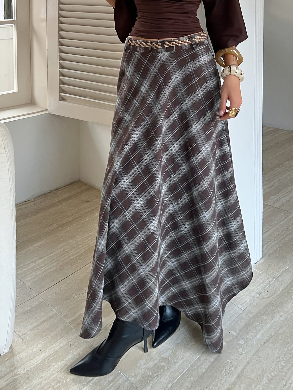Women'S Plaid A-Line Skirt with Elastic Waist for Spring And Autumn - Coffee Brown