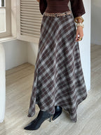 Women'S Plaid A-Line Skirt with Elastic Waist for Spring And Autumn - Coffee Brown