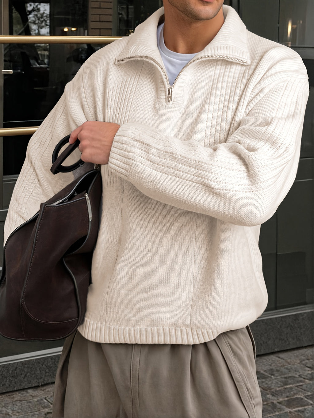 Spring Autumn New Men'S Korean Style Solid Color Loose Niche Commuter Style Textured Unisex Pullover Knit Long Sleeve Half Open Cardigan Half Open Placket Zipper Lapel Sweater Top - Apricot
