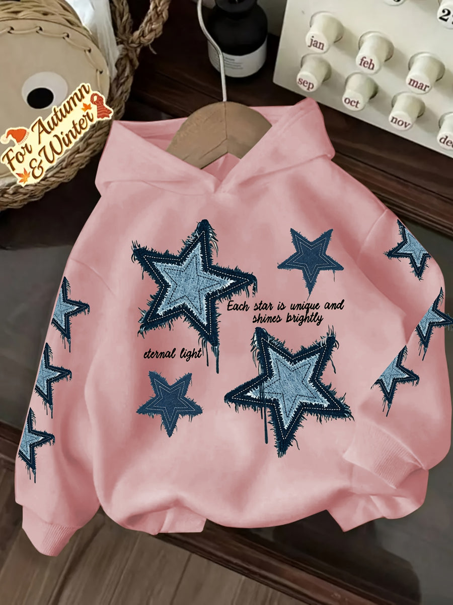 Vintage Denim Fringe Star Hooded Sweatshirt with All-Over Five-Pointed Star Print, a Versatile Casual Hoodie Top for Spring and Autumn - Pink Color