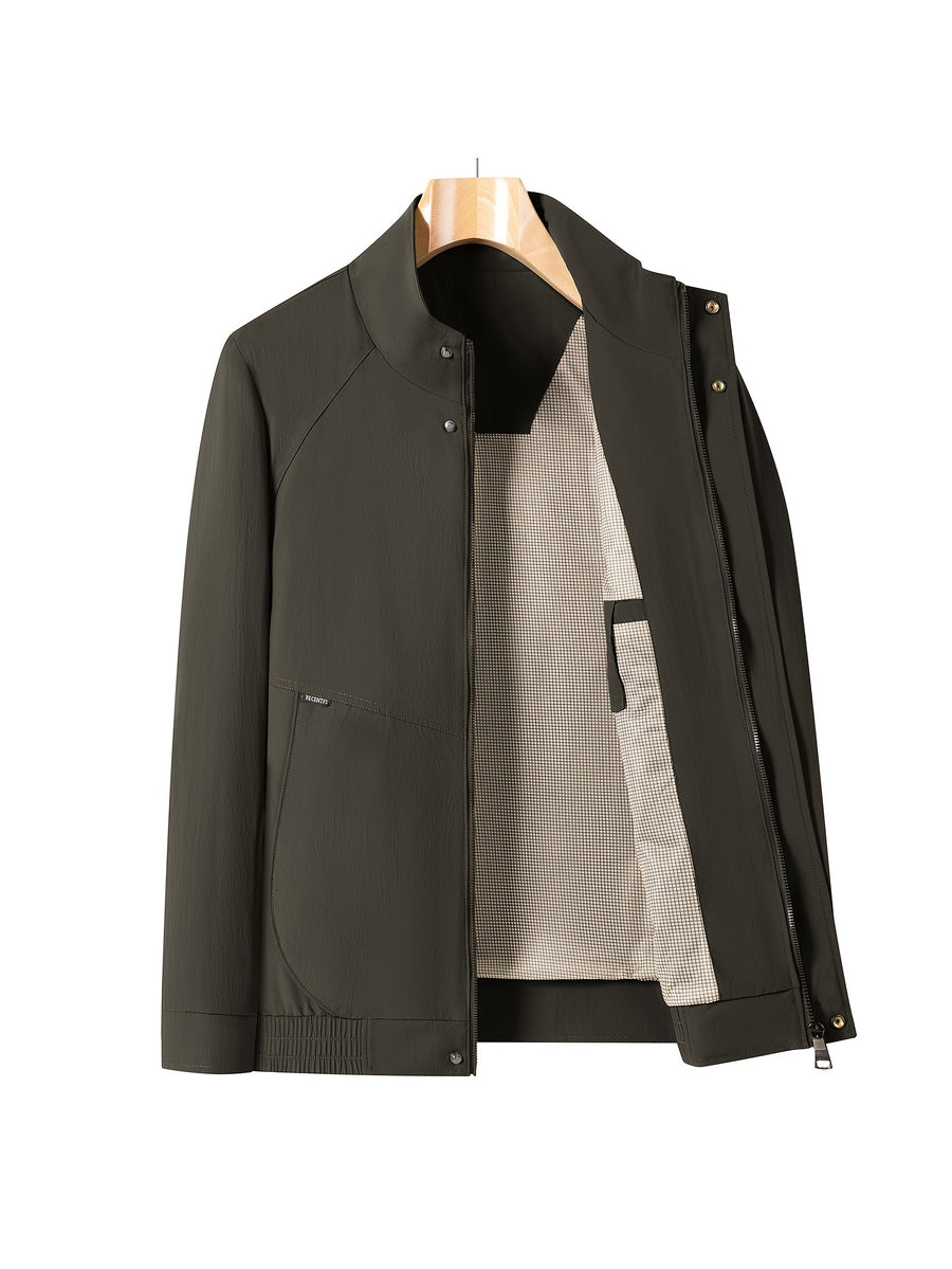 Men'S Stand-Up Collar Zip-Up Lightweight Business Jacket, Textured Wrinkled Fabric with Fine Check Breathable Full Lining, Zipper And Button Double-Breasted Casual Commuter Trench Coat, Curved Side Zip Pockets Slight Body-Shaping Top - Dark green gray